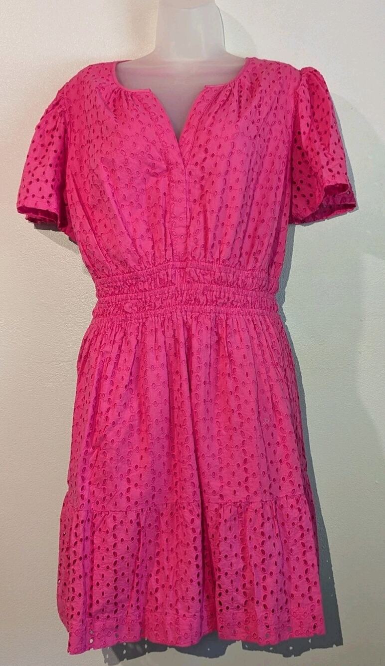 Crown & Ivy Eyelet Mini Dress Women Sz Large Hot Pink Ruffle NWT 100% Cotton